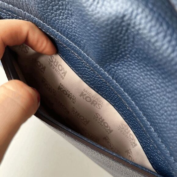 Michael Kors Navy Leather Satchel Crossbody Bag Gold Hardware Top Handle - Picture 10 of 15